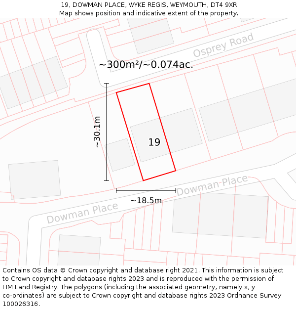 19, DOWMAN PLACE, WYKE REGIS, WEYMOUTH, DT4 9XR: Plot and title map