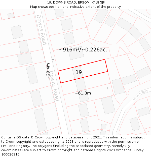 19, DOWNS ROAD, EPSOM, KT18 5JF: Plot and title map