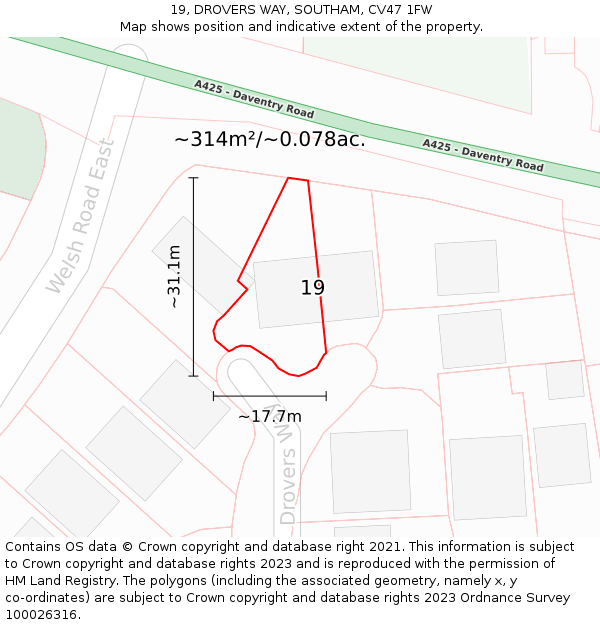 19, DROVERS WAY, SOUTHAM, CV47 1FW: Plot and title map