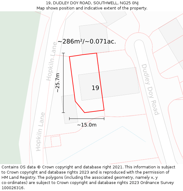 19, DUDLEY DOY ROAD, SOUTHWELL, NG25 0NJ: Plot and title map