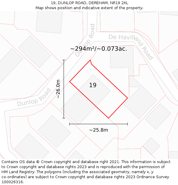 19, DUNLOP ROAD, DEREHAM, NR19 2XL: Plot and title map