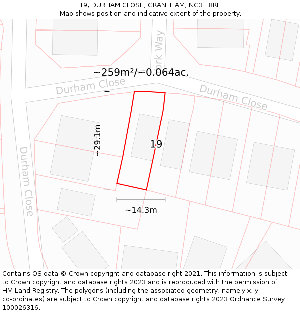 19, DURHAM CLOSE, GRANTHAM, NG31 8RH: Plot and title map