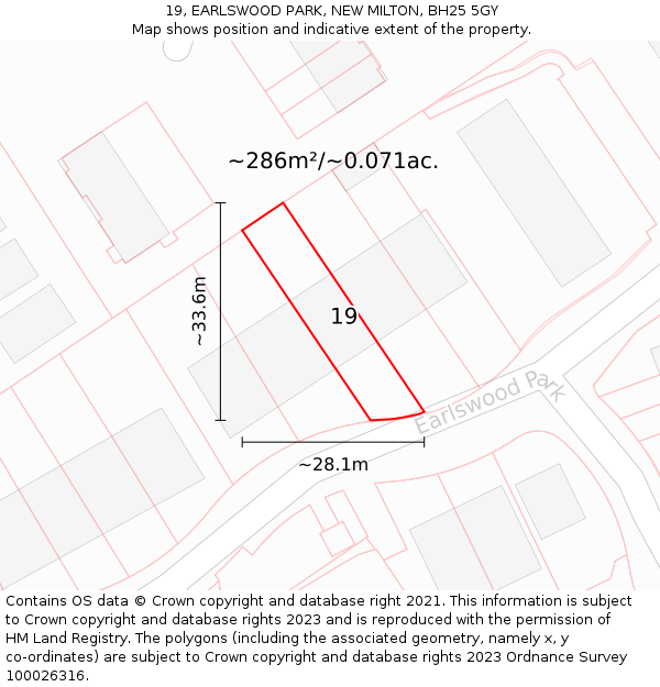 19, EARLSWOOD PARK, NEW MILTON, BH25 5GY: Plot and title map