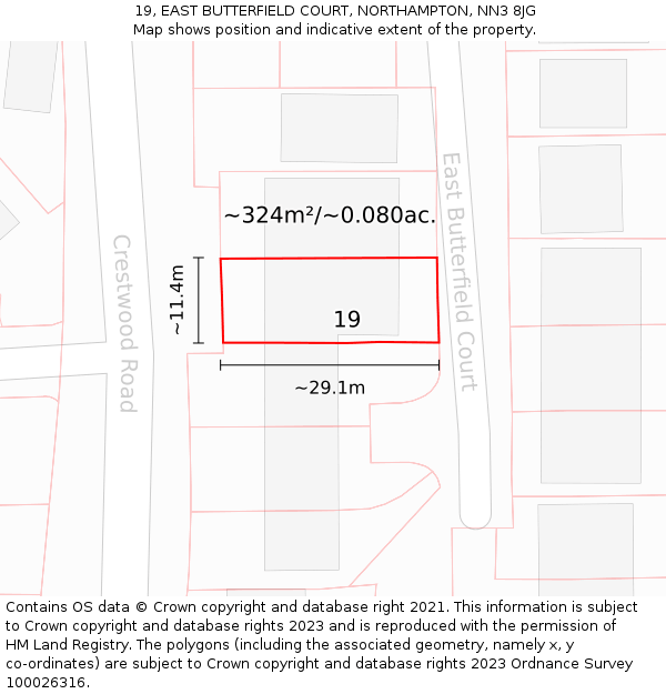 19, EAST BUTTERFIELD COURT, NORTHAMPTON, NN3 8JG: Plot and title map