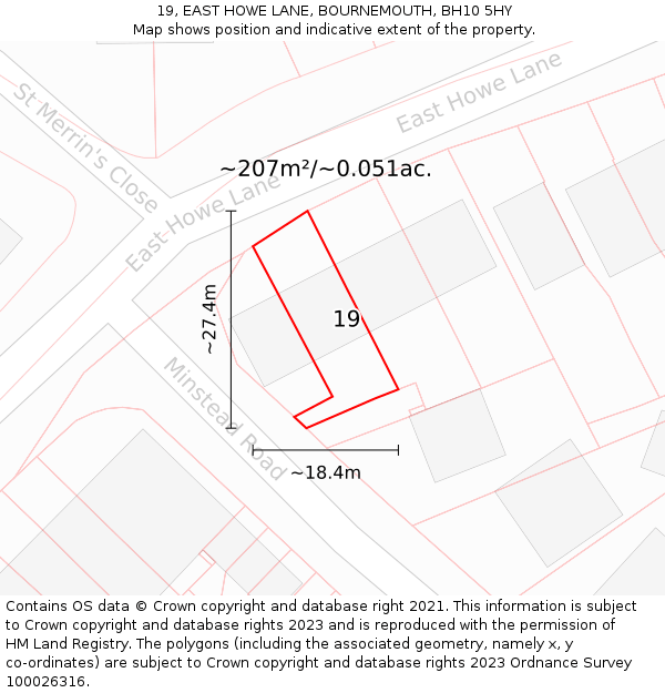 19, EAST HOWE LANE, BOURNEMOUTH, BH10 5HY: Plot and title map