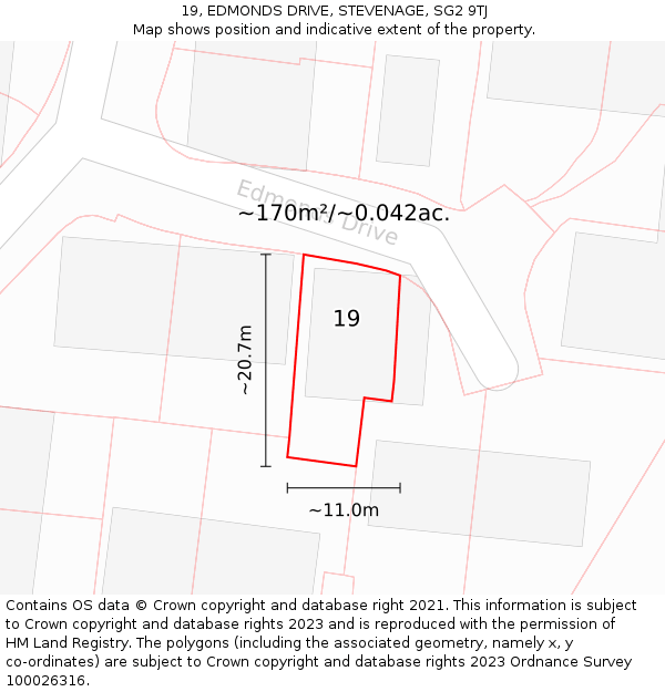 19, EDMONDS DRIVE, STEVENAGE, SG2 9TJ: Plot and title map