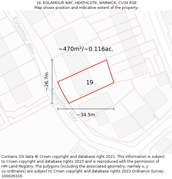 19, EGLAMOUR WAY, HEATHCOTE, WARWICK, CV34 6GE: Plot and title map