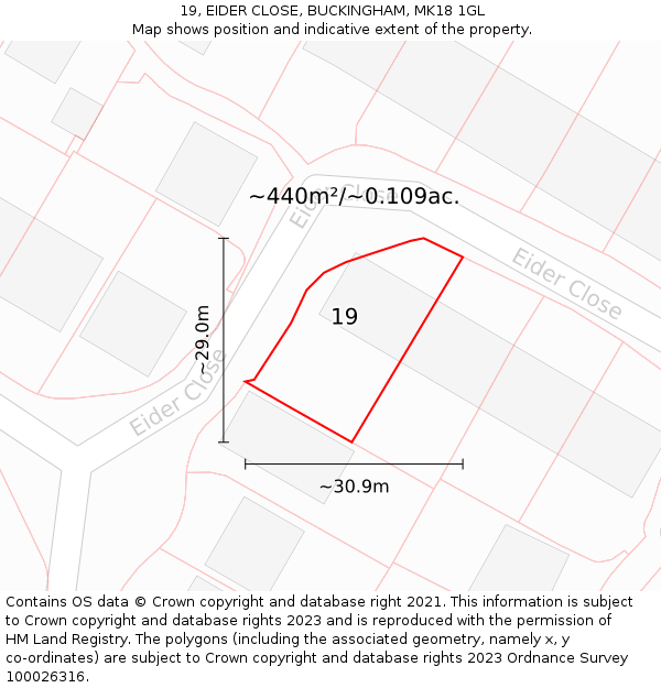 19, EIDER CLOSE, BUCKINGHAM, MK18 1GL: Plot and title map