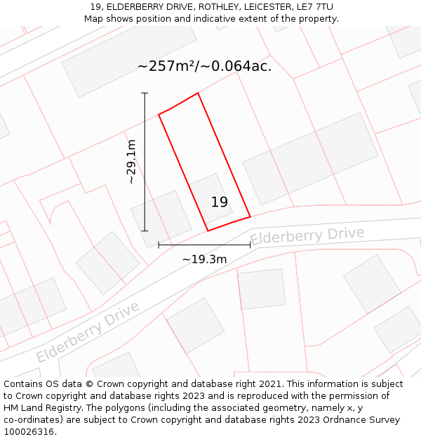 19, ELDERBERRY DRIVE, ROTHLEY, LEICESTER, LE7 7TU: Plot and title map