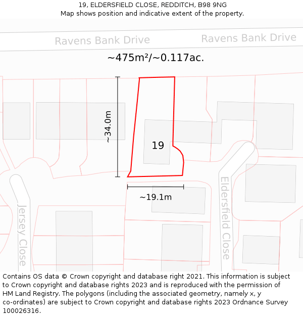 19, ELDERSFIELD CLOSE, REDDITCH, B98 9NG: Plot and title map