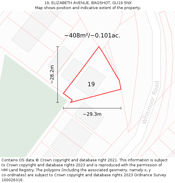 19, ELIZABETH AVENUE, BAGSHOT, GU19 5NX: Plot and title map