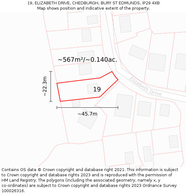 19, ELIZABETH DRIVE, CHEDBURGH, BURY ST EDMUNDS, IP29 4XB: Plot and title map