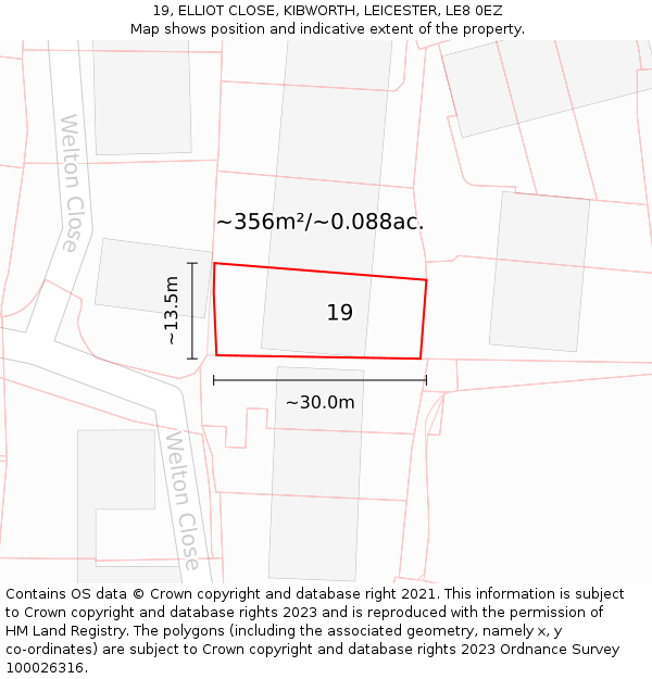 19, ELLIOT CLOSE, KIBWORTH, LEICESTER, LE8 0EZ: Plot and title map