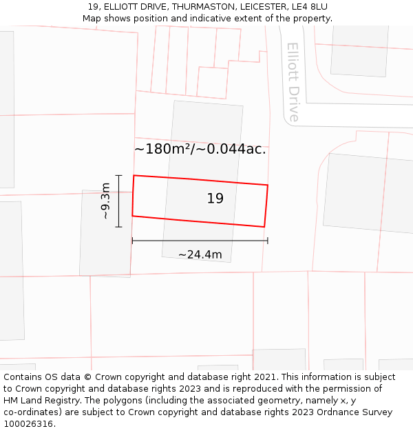 19, ELLIOTT DRIVE, THURMASTON, LEICESTER, LE4 8LU: Plot and title map