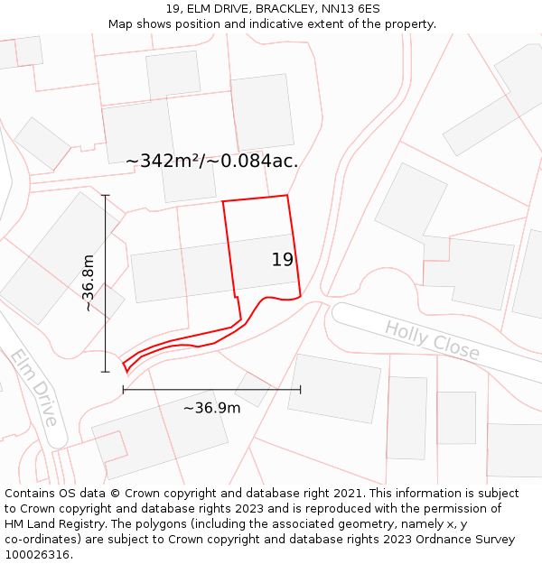 19, ELM DRIVE, BRACKLEY, NN13 6ES: Plot and title map