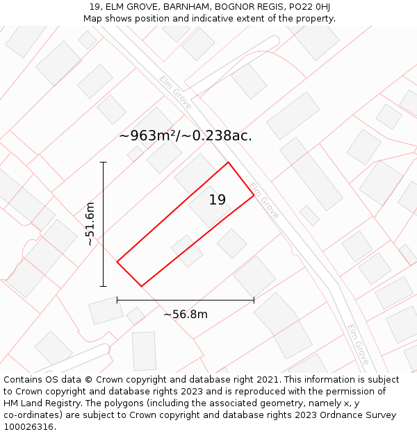 19, ELM GROVE, BARNHAM, BOGNOR REGIS, PO22 0HJ: Plot and title map