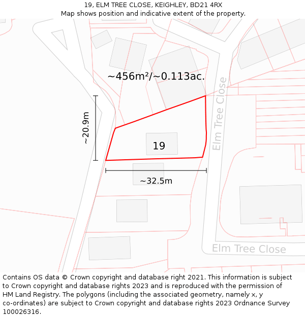 19, ELM TREE CLOSE, KEIGHLEY, BD21 4RX: Plot and title map