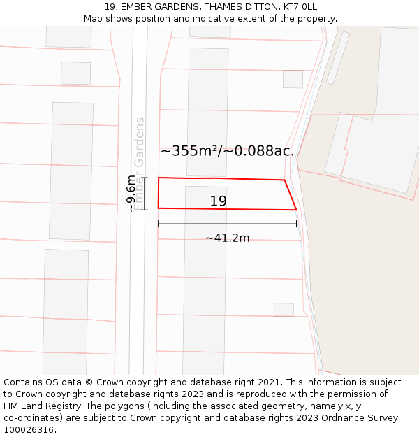 19, EMBER GARDENS, THAMES DITTON, KT7 0LL: Plot and title map