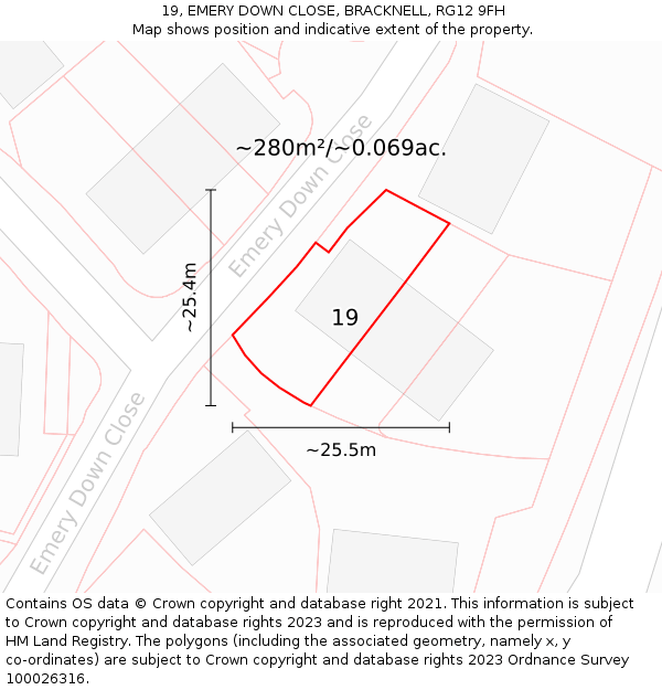 19, EMERY DOWN CLOSE, BRACKNELL, RG12 9FH: Plot and title map