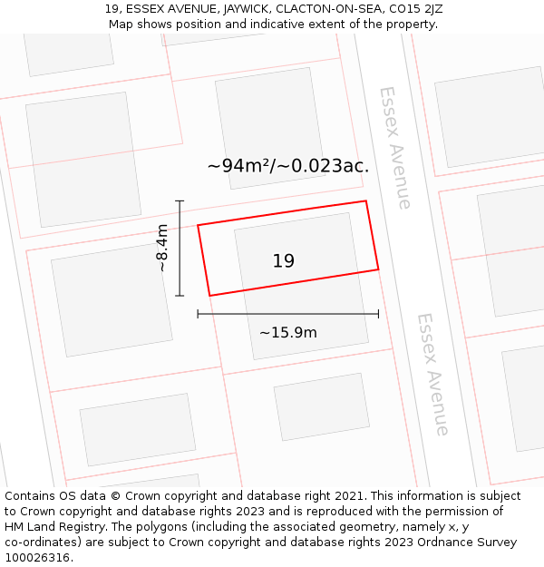 19, ESSEX AVENUE, JAYWICK, CLACTON-ON-SEA, CO15 2JZ: Plot and title map