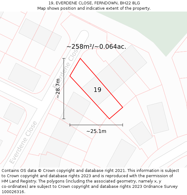 19, EVERDENE CLOSE, FERNDOWN, BH22 8LG: Plot and title map