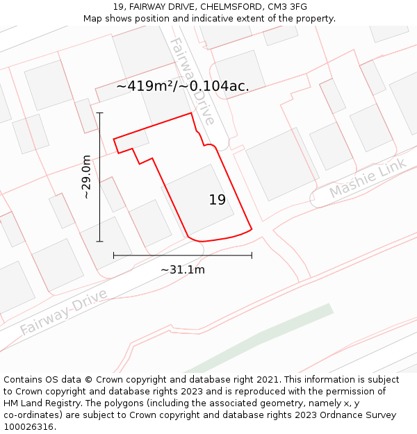 19, FAIRWAY DRIVE, CHELMSFORD, CM3 3FG: Plot and title map