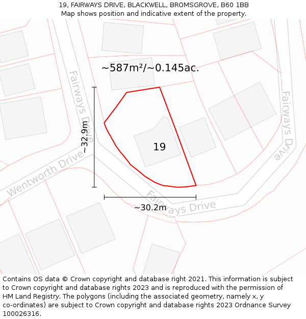 19, FAIRWAYS DRIVE, BLACKWELL, BROMSGROVE, B60 1BB: Plot and title map