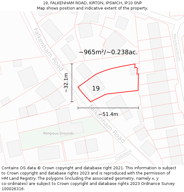 19, FALKENHAM ROAD, KIRTON, IPSWICH, IP10 0NP: Plot and title map