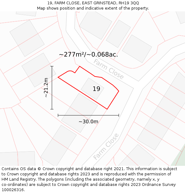 19, FARM CLOSE, EAST GRINSTEAD, RH19 3QQ: Plot and title map