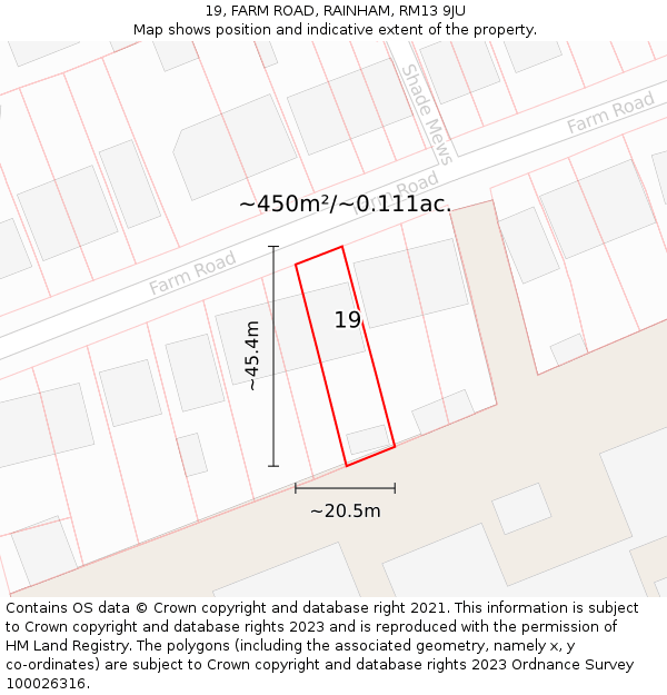 19, FARM ROAD, RAINHAM, RM13 9JU: Plot and title map