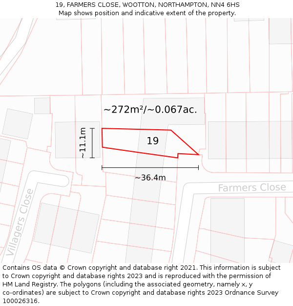 19, FARMERS CLOSE, WOOTTON, NORTHAMPTON, NN4 6HS: Plot and title map