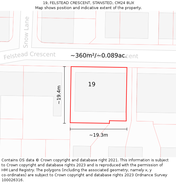 19, FELSTEAD CRESCENT, STANSTED, CM24 8UX: Plot and title map