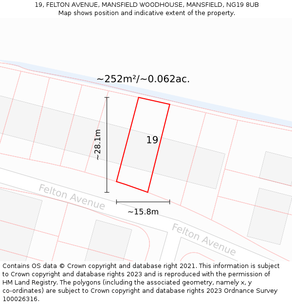 19, FELTON AVENUE, MANSFIELD WOODHOUSE, MANSFIELD, NG19 8UB: Plot and title map