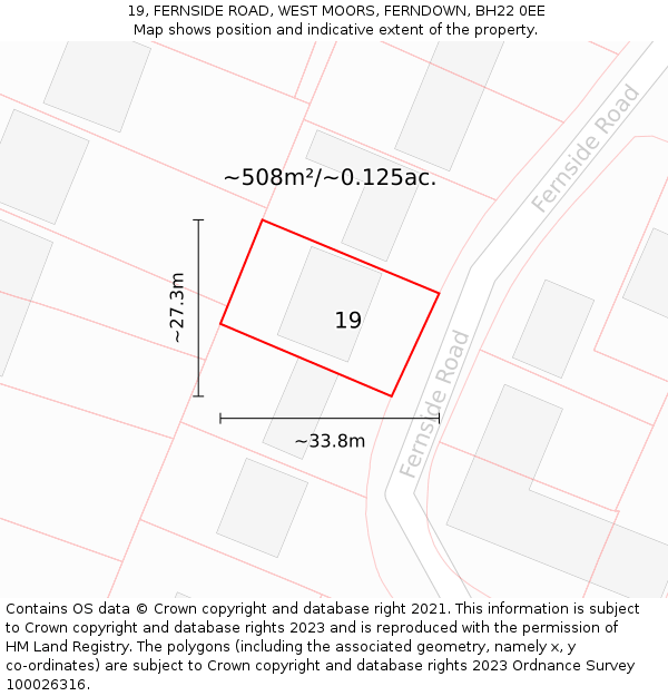 19, FERNSIDE ROAD, WEST MOORS, FERNDOWN, BH22 0EE: Plot and title map