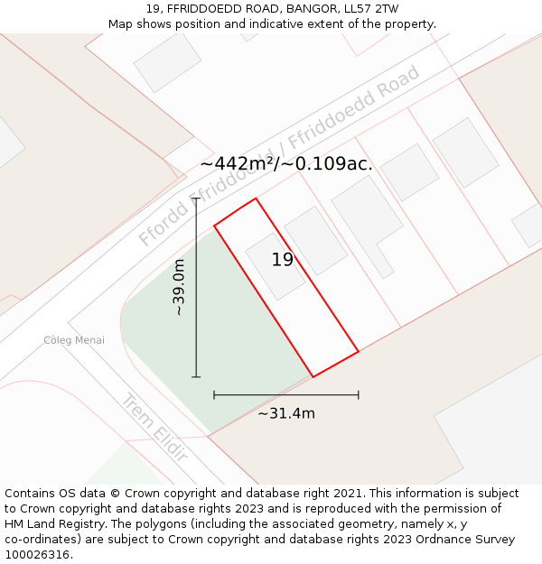 19, FFRIDDOEDD ROAD, BANGOR, LL57 2TW: Plot and title map