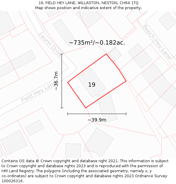 19, FIELD HEY LANE, WILLASTON, NESTON, CH64 1TQ: Plot and title map