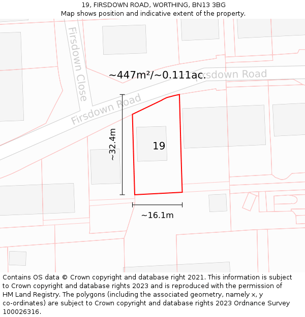 19, FIRSDOWN ROAD, WORTHING, BN13 3BG: Plot and title map