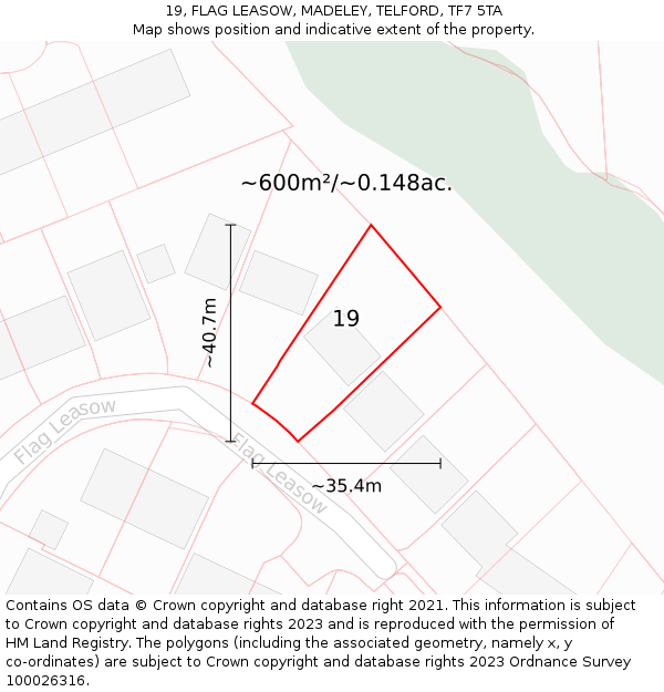 19, FLAG LEASOW, MADELEY, TELFORD, TF7 5TA: Plot and title map