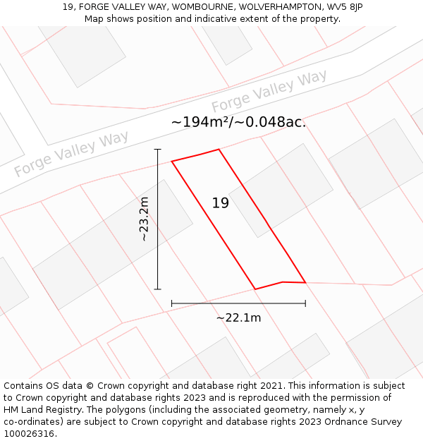 19, FORGE VALLEY WAY, WOMBOURNE, WOLVERHAMPTON, WV5 8JP: Plot and title map