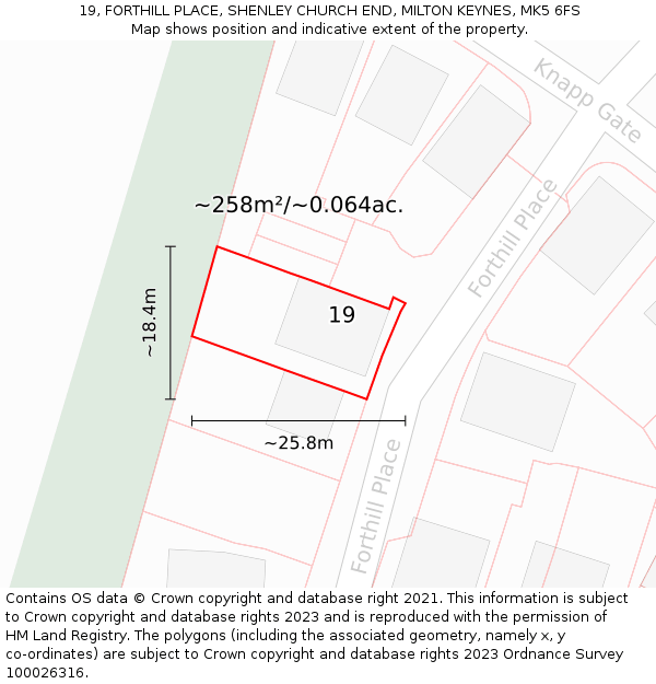 19, FORTHILL PLACE, SHENLEY CHURCH END, MILTON KEYNES, MK5 6FS: Plot and title map