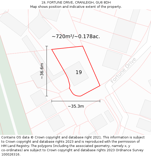 19, FORTUNE DRIVE, CRANLEIGH, GU6 8DH: Plot and title map