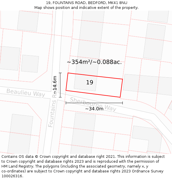 19, FOUNTAINS ROAD, BEDFORD, MK41 8NU: Plot and title map