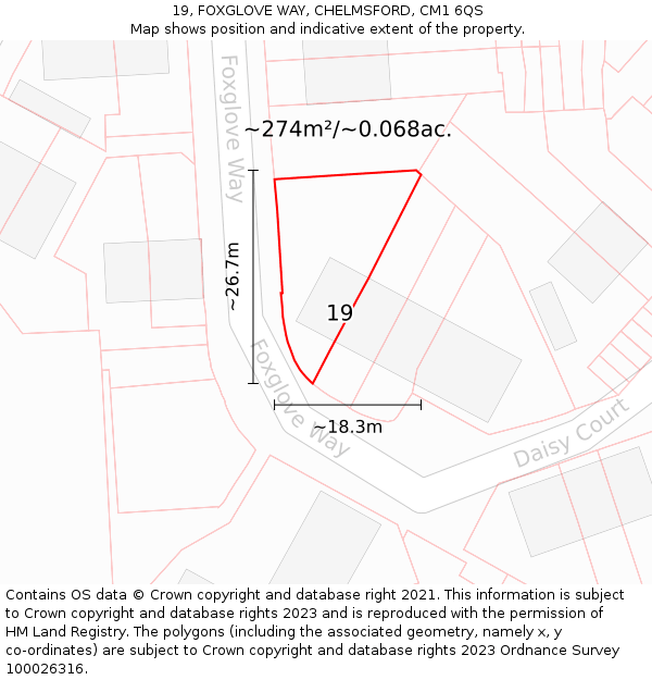 19, FOXGLOVE WAY, CHELMSFORD, CM1 6QS: Plot and title map