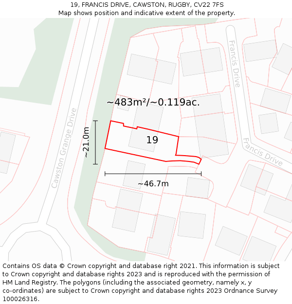 19, FRANCIS DRIVE, CAWSTON, RUGBY, CV22 7FS: Plot and title map