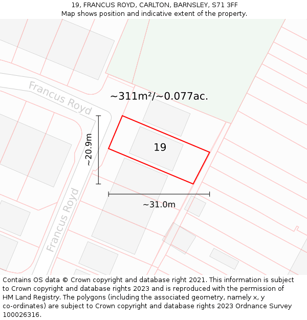 19, FRANCUS ROYD, CARLTON, BARNSLEY, S71 3FF: Plot and title map