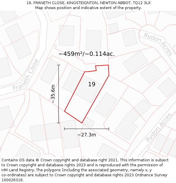 19, FRANETH CLOSE, KINGSTEIGNTON, NEWTON ABBOT, TQ12 3LX: Plot and title map