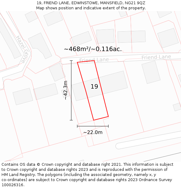 19, FRIEND LANE, EDWINSTOWE, MANSFIELD, NG21 9QZ: Plot and title map