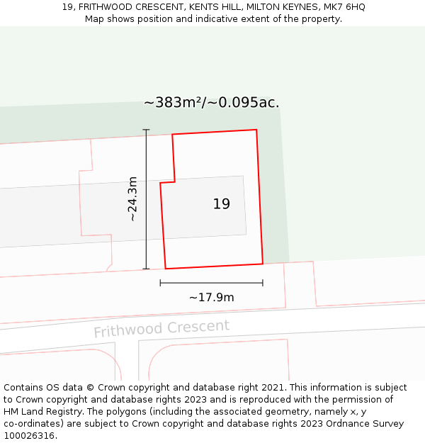 19, FRITHWOOD CRESCENT, KENTS HILL, MILTON KEYNES, MK7 6HQ: Plot and title map