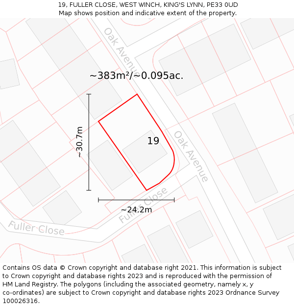 19, FULLER CLOSE, WEST WINCH, KING'S LYNN, PE33 0UD: Plot and title map