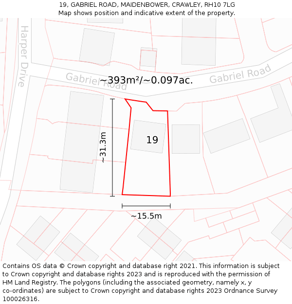 19, GABRIEL ROAD, MAIDENBOWER, CRAWLEY, RH10 7LG: Plot and title map